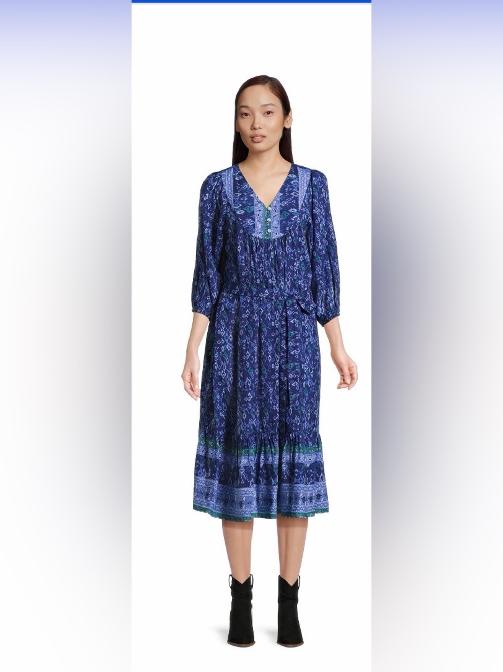 beachlunchlounge Indigo Floral Puff Long Sleeve Midi Dress  Boho Cottagecore L